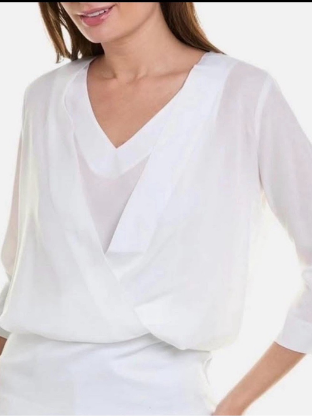 Cabi Indulge White Draped V-Neck Blouse